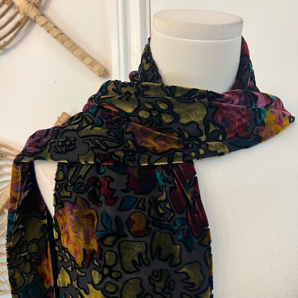 Vintage Burnout Velvet Floral Fringe Scarf Devoré Silk Blend Oblong Wrap Jewel - Picture 9 of 10